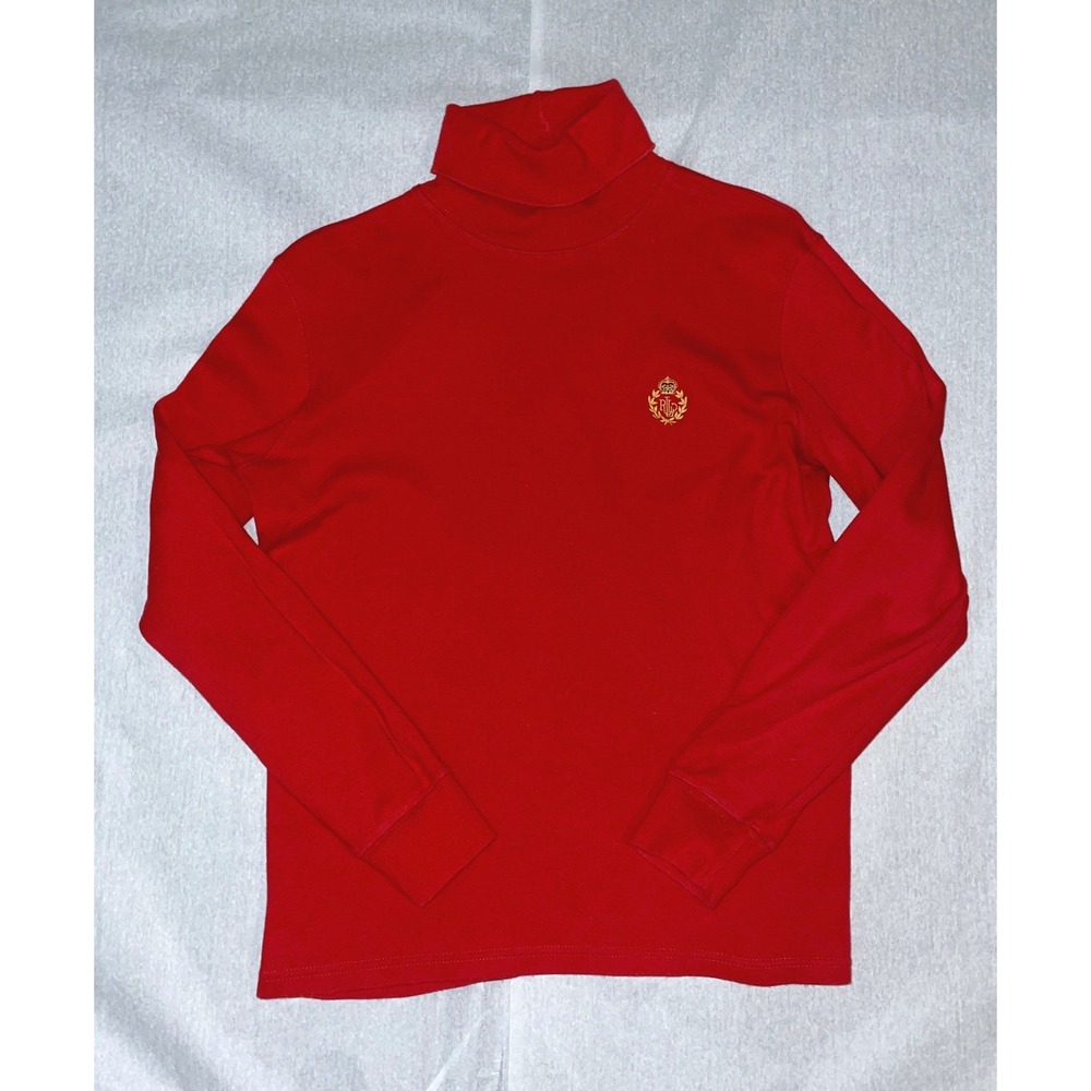 Vintage 90s Ralph Lauren Red Womens Embroidered Crest Turtleneck Petite S Preppy